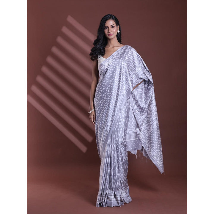 CHARUKRITI Steel Grey Silk Soft Print Saree with Unstitched Blouse