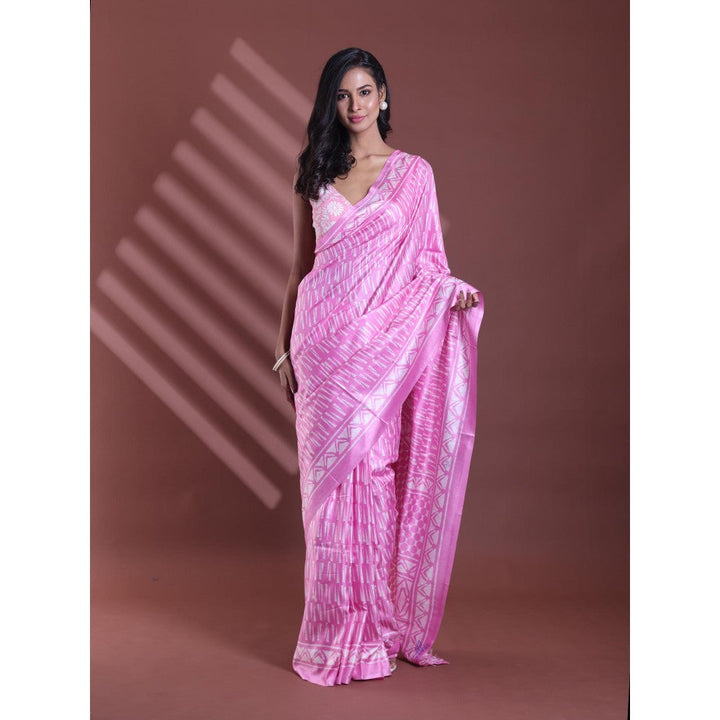 CHARUKRITI Pink Silk Soft Print Saree with Unstitched Blouse