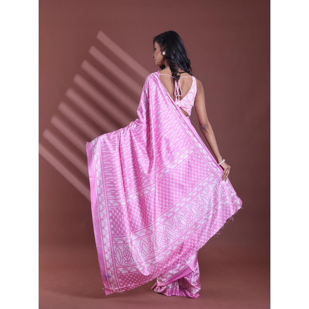 CHARUKRITI Pink Silk Soft Print Saree with Unstitched Blouse