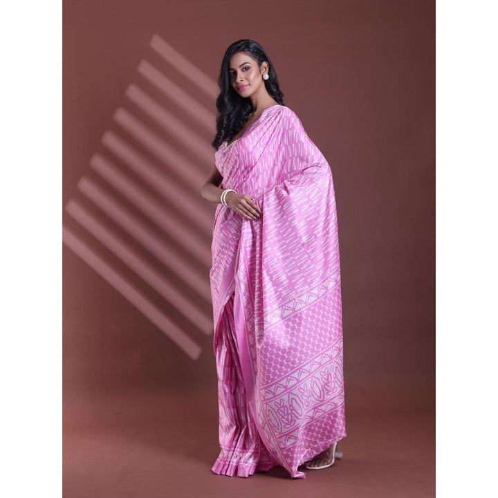 CHARUKRITI Pink Silk Soft Print Saree with Unstitched Blouse