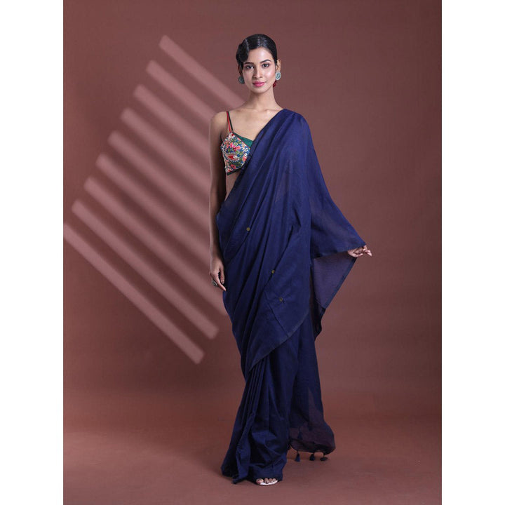 CHARUKRITI Navy Blue Pure Cotton Soft Sequined Saree with Unstitched Blouse