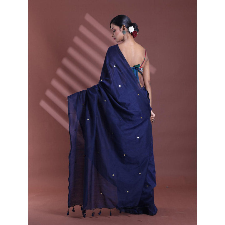 CHARUKRITI Navy Blue Pure Cotton Soft Sequined Saree with Unstitched Blouse