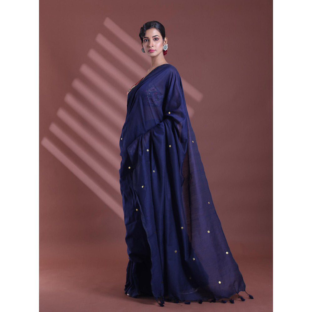 CHARUKRITI Navy Blue Pure Cotton Soft Sequined Saree with Unstitched Blouse