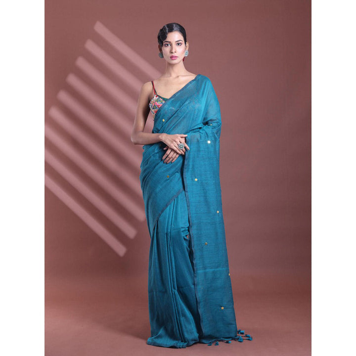 CHARUKRITI Teal Pure Cotton Soft Sequined Saree with Unstitched Blouse