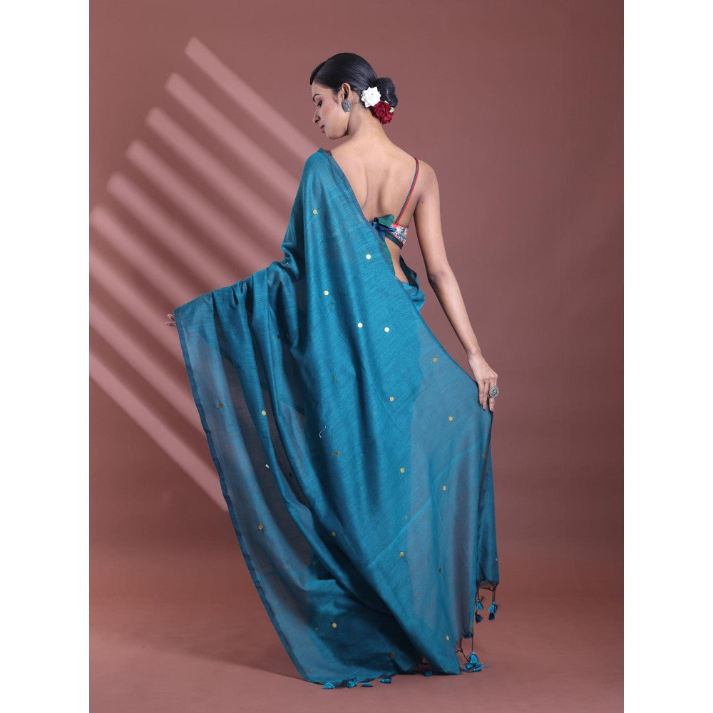 CHARUKRITI Teal Pure Cotton Soft Sequined Saree with Unstitched Blouse