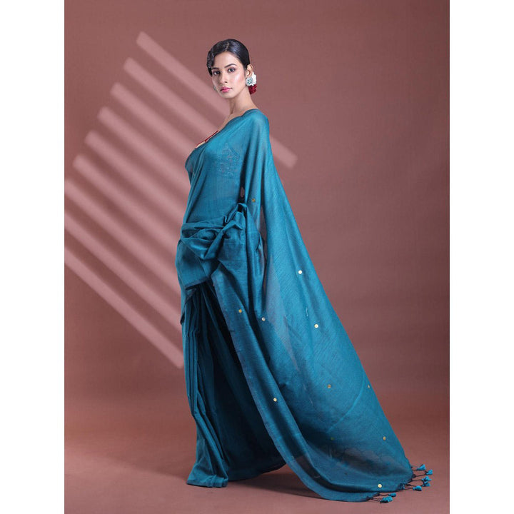 CHARUKRITI Teal Pure Cotton Soft Sequined Saree with Unstitched Blouse