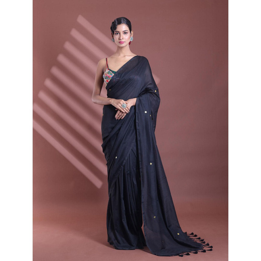 CHARUKRITI Black Pure Cotton Soft Sequined Saree with Unstitched Blouse