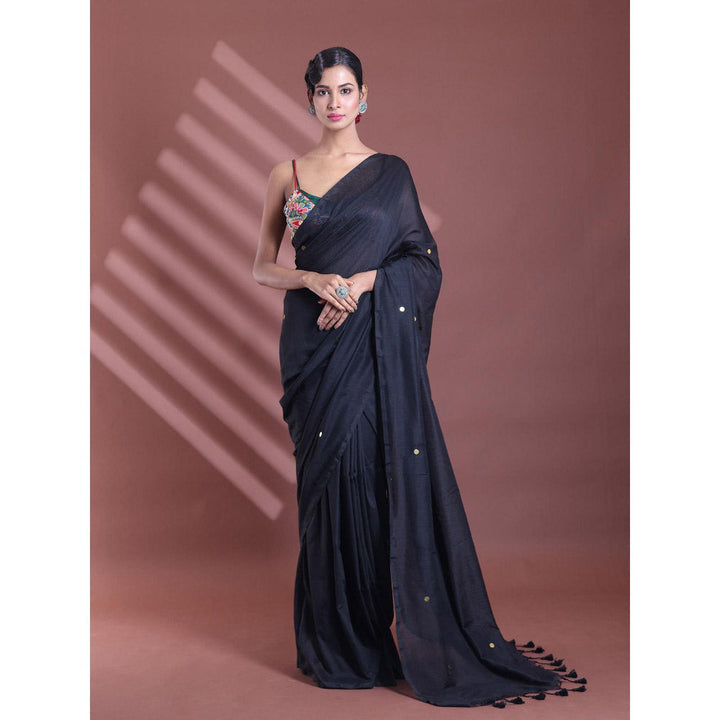 CHARUKRITI Black Pure Cotton Soft Sequined Saree with Unstitched Blouse