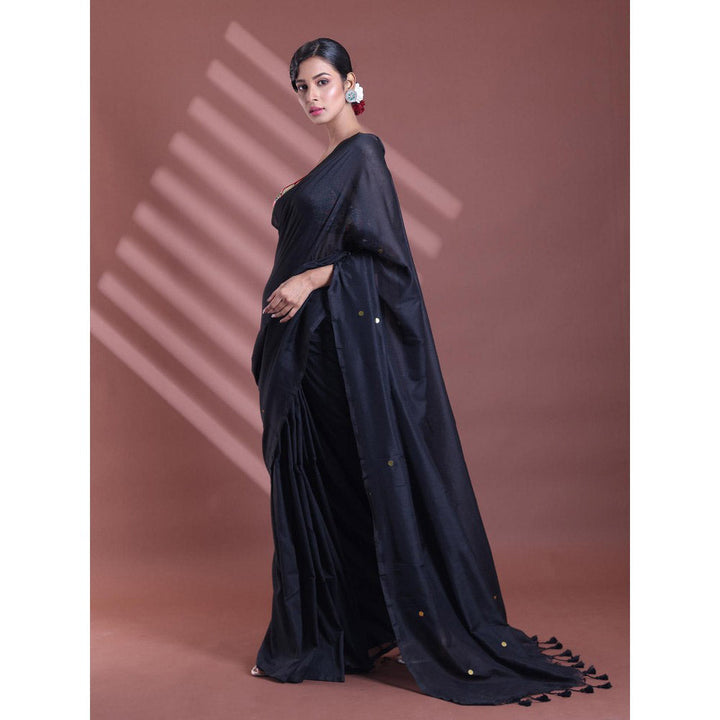 CHARUKRITI Black Pure Cotton Soft Sequined Saree with Unstitched Blouse