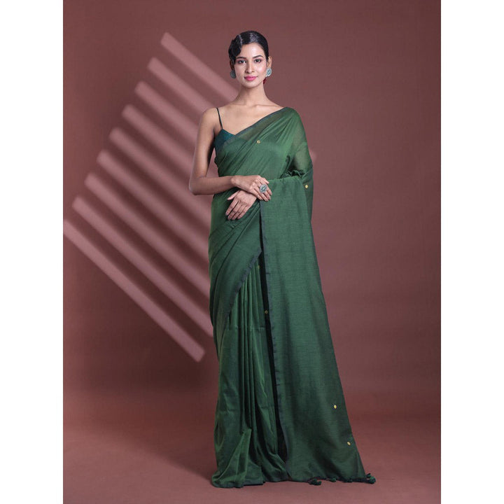 CHARUKRITI Moss Green Pure Cotton Soft Sequined Saree with Unstitched Blouse