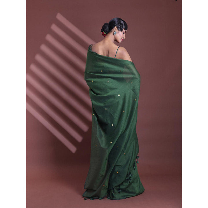 CHARUKRITI Moss Green Pure Cotton Soft Sequined Saree with Unstitched Blouse