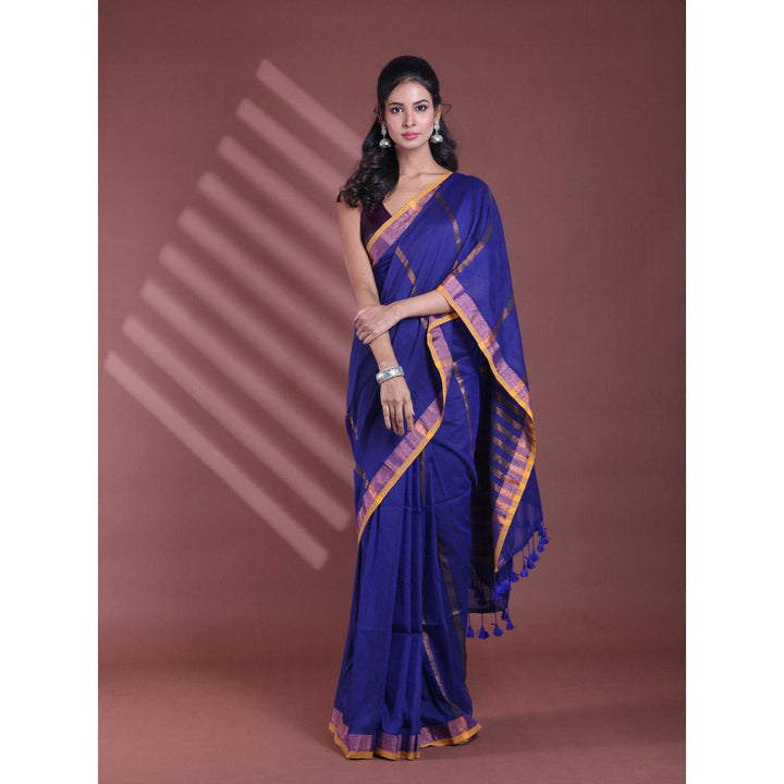 CHARUKRITI Blue Pure Cotton Woven Zari Stripe Soft Saree with Unstitched Blouse