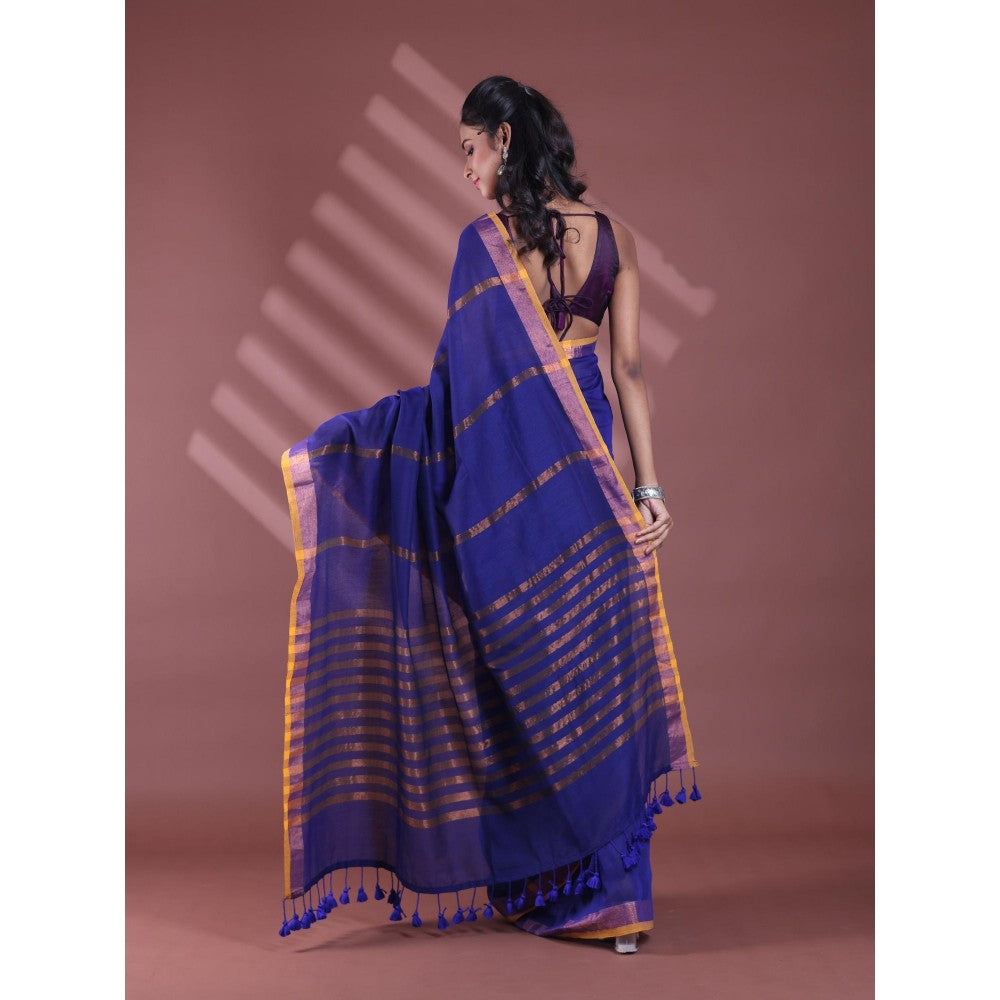 CHARUKRITI Blue Pure Cotton Woven Zari Stripe Soft Saree with Unstitched Blouse