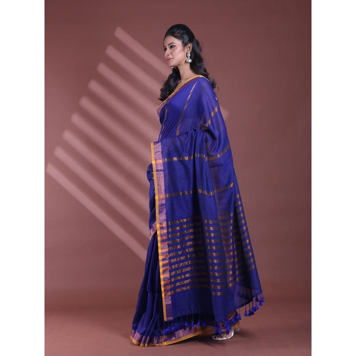 CHARUKRITI Blue Pure Cotton Woven Zari Stripe Soft Saree with Unstitched Blouse