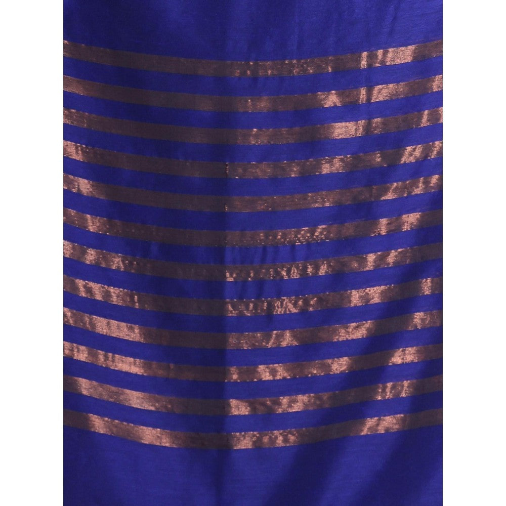 CHARUKRITI Blue Pure Cotton Woven Zari Stripe Soft Saree with Unstitched Blouse