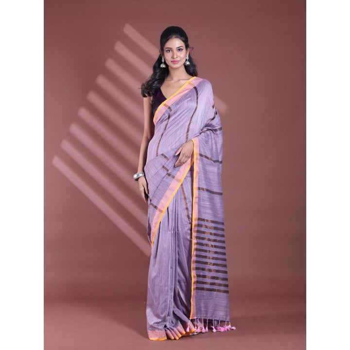 CHARUKRITI Grey Pure Cotton Woven Zari Stripe Soft Saree with Unstitched Blouse