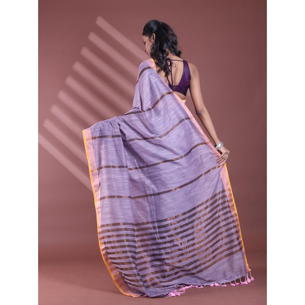 CHARUKRITI Grey Pure Cotton Woven Zari Stripe Soft Saree with Unstitched Blouse