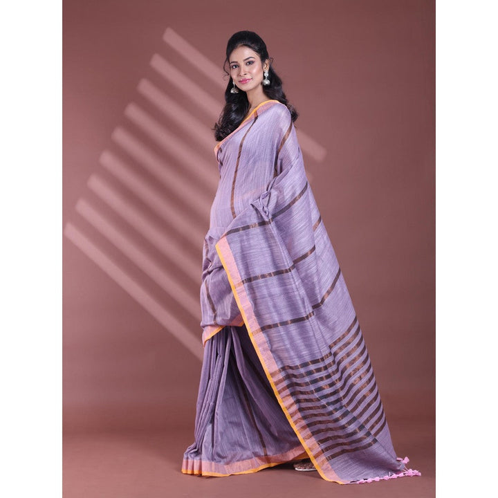 CHARUKRITI Grey Pure Cotton Woven Zari Stripe Soft Saree with Unstitched Blouse