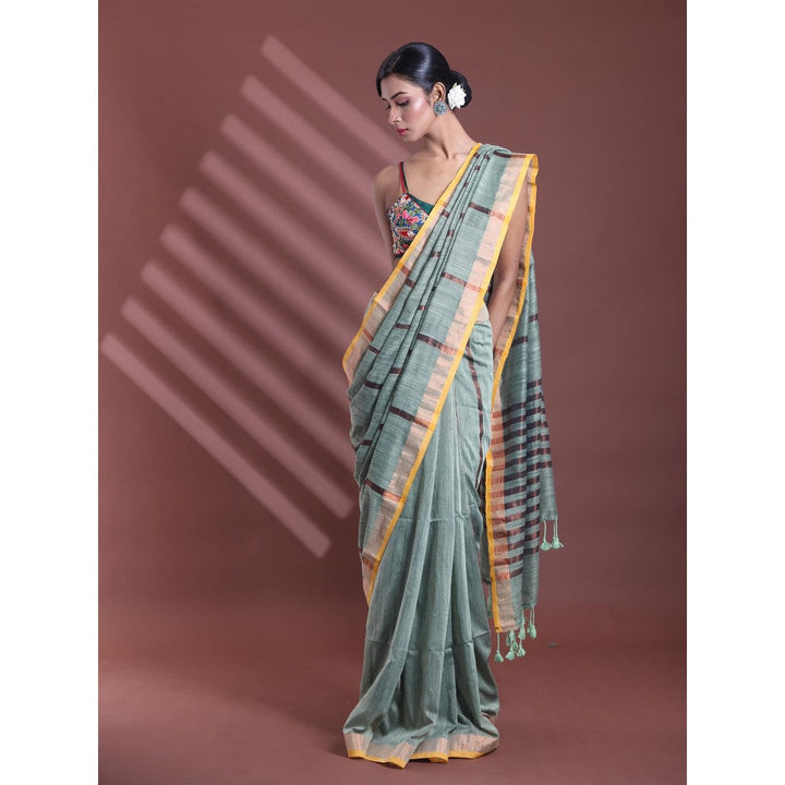 CHARUKRITI Pistachio Green Pure Cotton Woven Zari Stripe Soft Saree with Unstitched Blouse