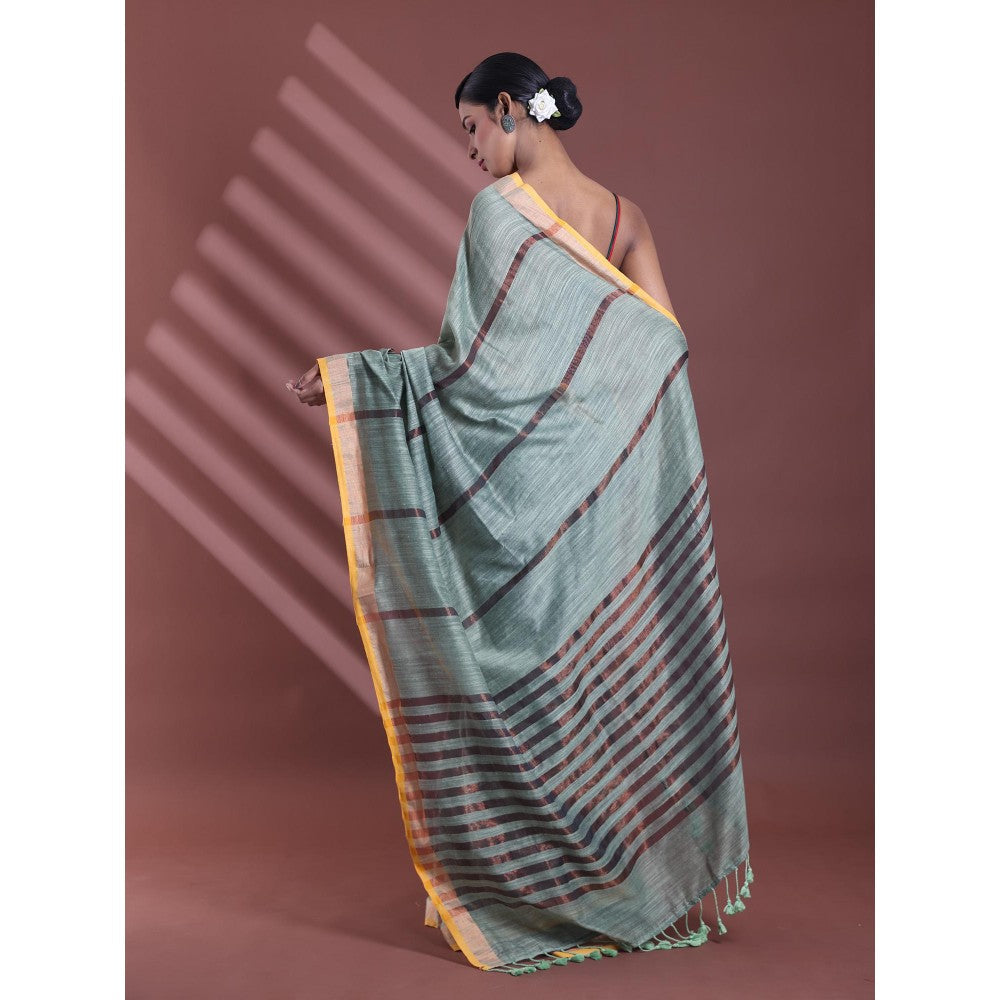 CHARUKRITI Pistachio Green Pure Cotton Woven Zari Stripe Soft Saree with Unstitched Blouse