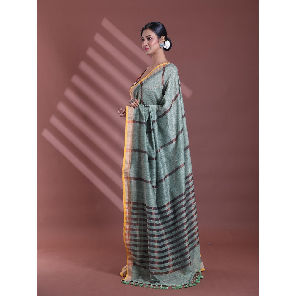 CHARUKRITI Pistachio Green Pure Cotton Woven Zari Stripe Soft Saree with Unstitched Blouse