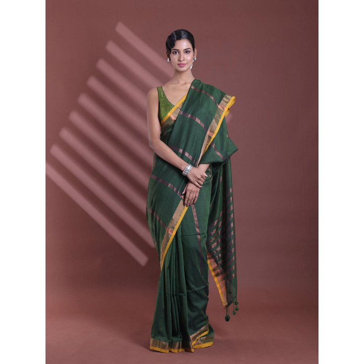 CHARUKRITI Forest Green Pure Cotton Woven Zari Stripe Soft Saree with Unstitched Blouse