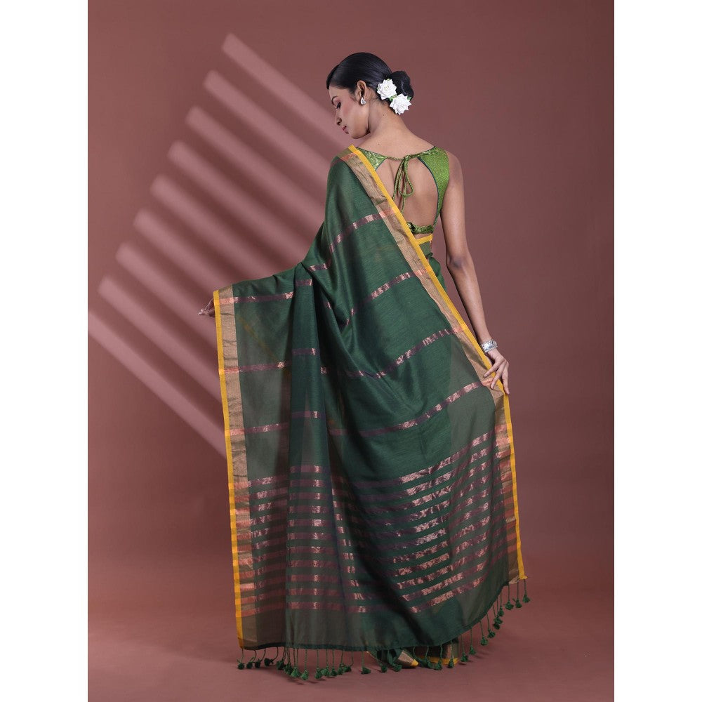 CHARUKRITI Forest Green Pure Cotton Woven Zari Stripe Soft Saree with Unstitched Blouse