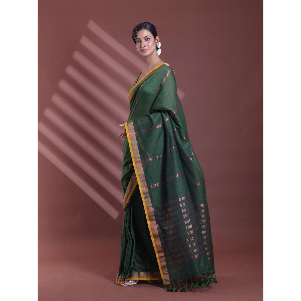 CHARUKRITI Forest Green Pure Cotton Woven Zari Stripe Soft Saree with Unstitched Blouse