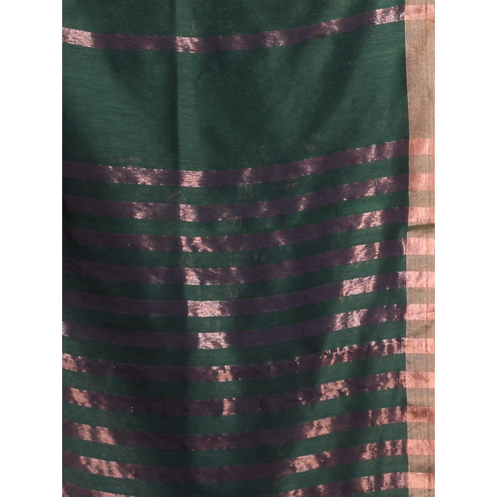 CHARUKRITI Forest Green Pure Cotton Woven Zari Stripe Soft Saree with Unstitched Blouse