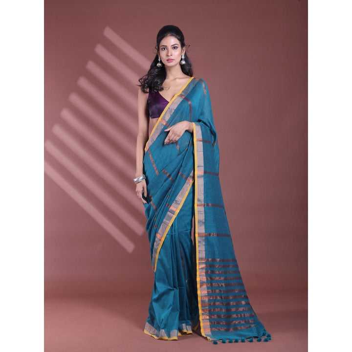 CHARUKRITI Teal Pure Cotton Woven Zari Stripe Soft Saree with Unstitched Blouse