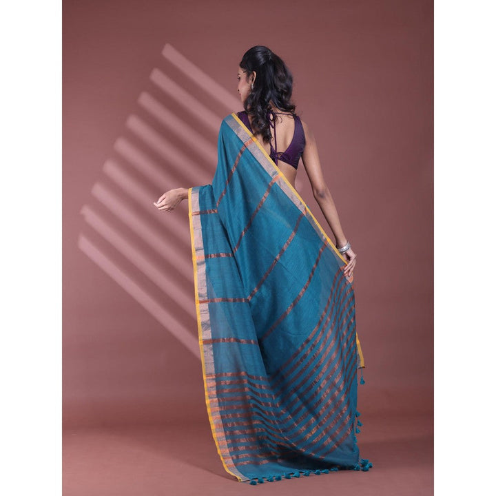 CHARUKRITI Teal Pure Cotton Woven Zari Stripe Soft Saree with Unstitched Blouse