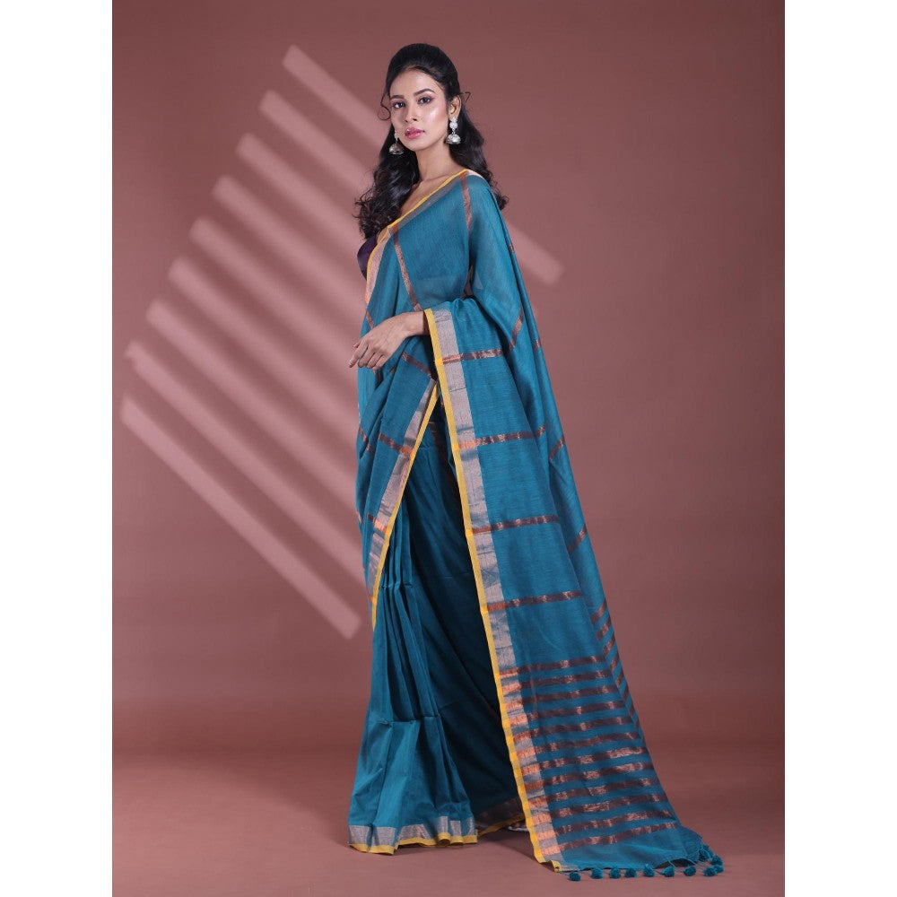 CHARUKRITI Teal Pure Cotton Woven Zari Stripe Soft Saree with Unstitched Blouse