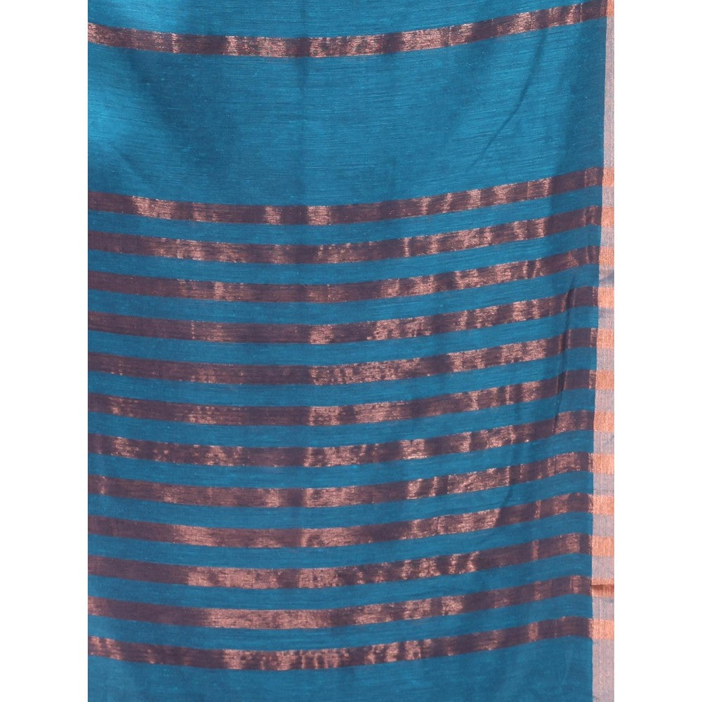 CHARUKRITI Teal Pure Cotton Woven Zari Stripe Soft Saree with Unstitched Blouse