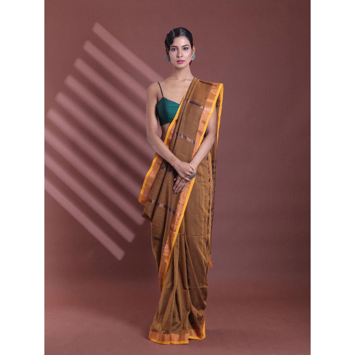 CHARUKRITI Mustard Pure Cotton Woven Zari Stripe Soft Saree with Unstitched Blouse