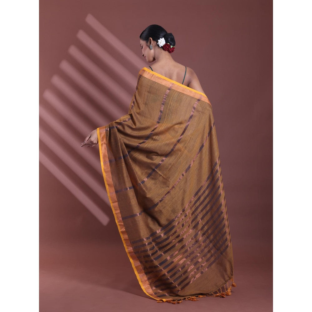 CHARUKRITI Mustard Pure Cotton Woven Zari Stripe Soft Saree with Unstitched Blouse