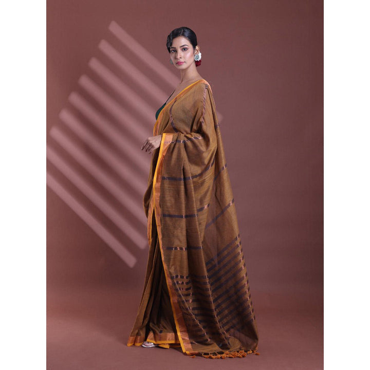 CHARUKRITI Mustard Pure Cotton Woven Zari Stripe Soft Saree with Unstitched Blouse