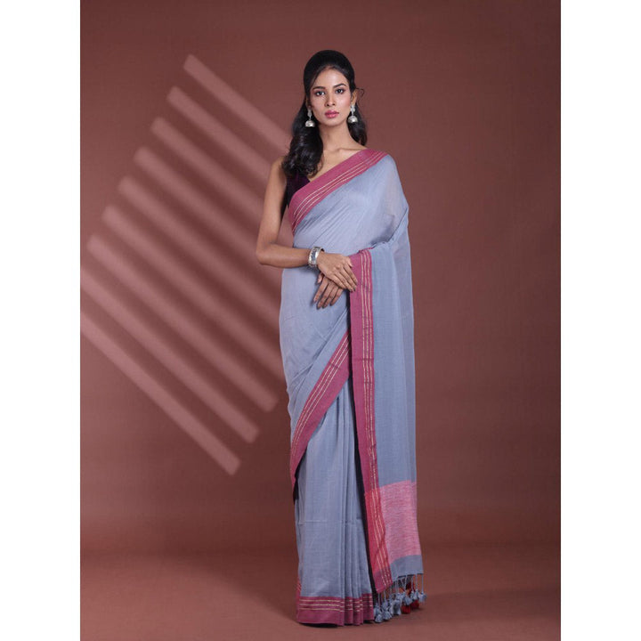 CHARUKRITI Grey Pure Cotton Woven Soft Contrast Border Saree with Unstitched Blouse