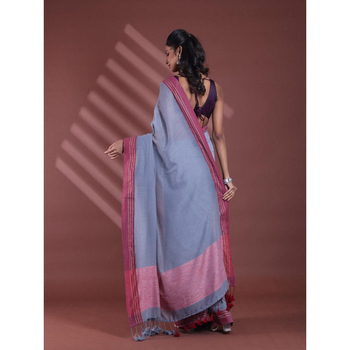 CHARUKRITI Grey Pure Cotton Woven Soft Contrast Border Saree with Unstitched Blouse