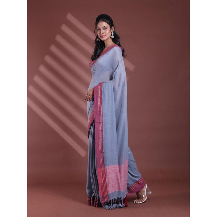 CHARUKRITI Grey Pure Cotton Woven Soft Contrast Border Saree with Unstitched Blouse