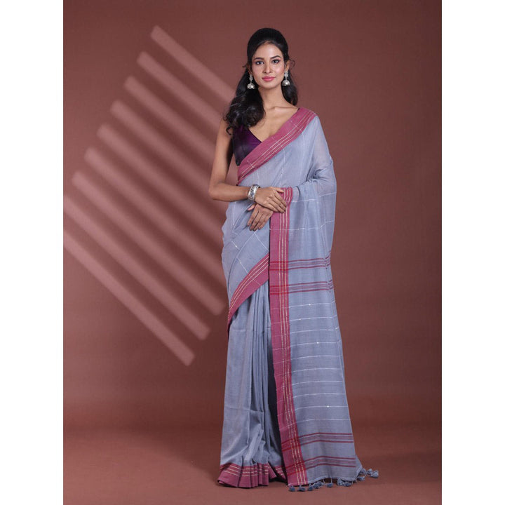 CHARUKRITI Grey Stripe Pattern Pure Cotton Woven Soft Contrast Border Saree with Unstitched Blouse