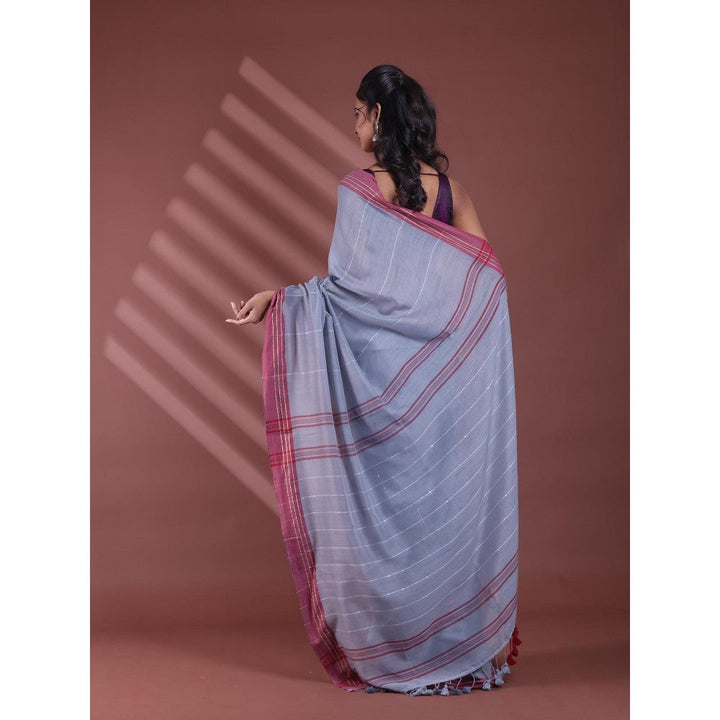 CHARUKRITI Grey Stripe Pattern Pure Cotton Woven Soft Contrast Border Saree with Unstitched Blouse