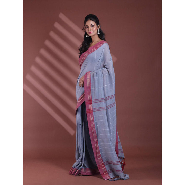 CHARUKRITI Grey Stripe Pattern Pure Cotton Woven Soft Contrast Border Saree with Unstitched Blouse