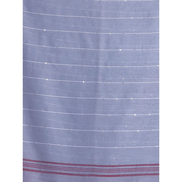 CHARUKRITI Grey Stripe Pattern Pure Cotton Woven Soft Contrast Border Saree with Unstitched Blouse