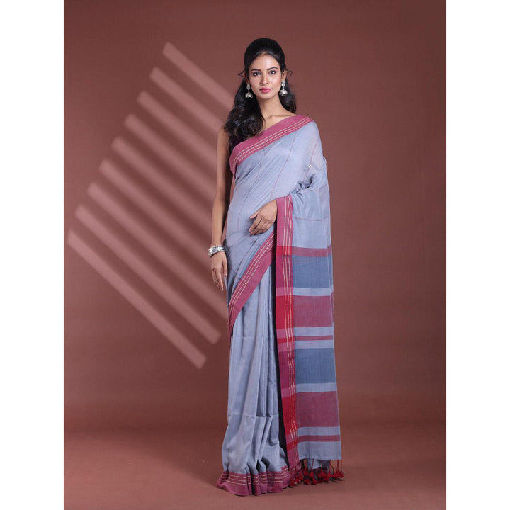 CHARUKRITI Grey Pure Cotton Handloom Soft Stripe Pattern Saree with Unstitched Blouse