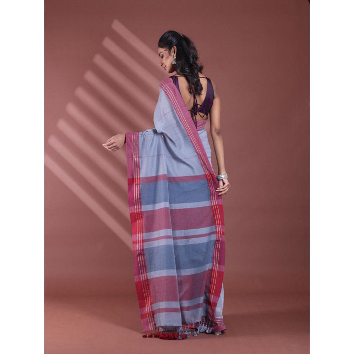 CHARUKRITI Grey Pure Cotton Handloom Soft Stripe Pattern Saree with Unstitched Blouse