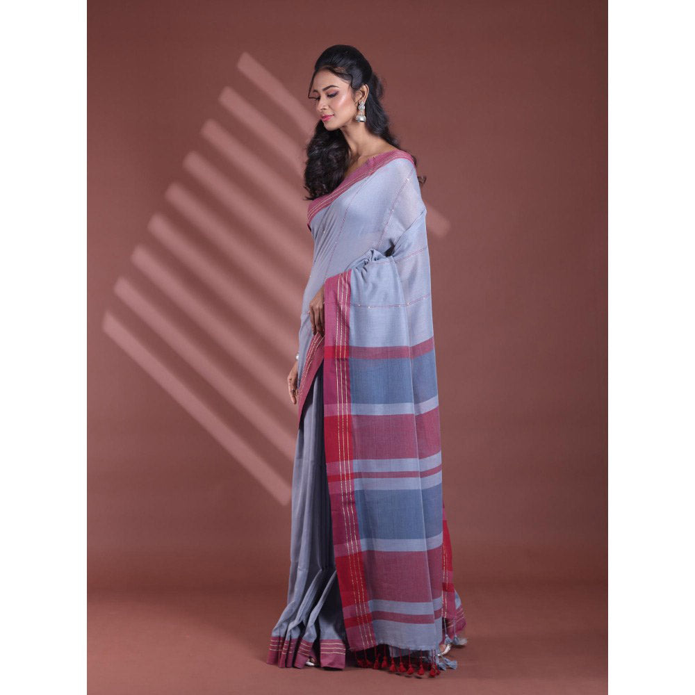 CHARUKRITI Grey Pure Cotton Handloom Soft Stripe Pattern Saree with Unstitched Blouse