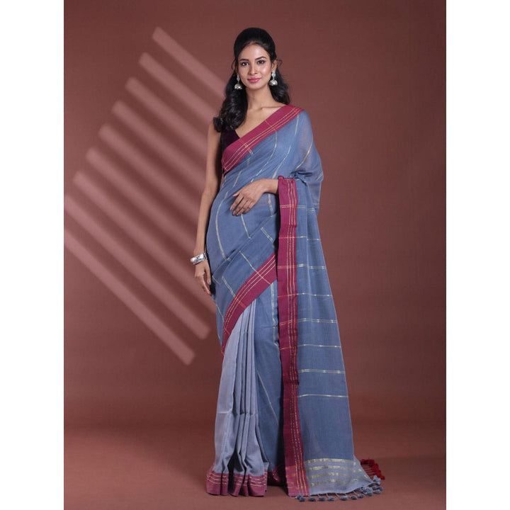 CHARUKRITI Grey Pure Cotton Handloom Soft Stripe Pattern Saree with Unstitched Blouse