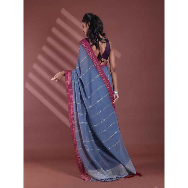 CHARUKRITI Grey Pure Cotton Handloom Soft Stripe Pattern Saree with Unstitched Blouse