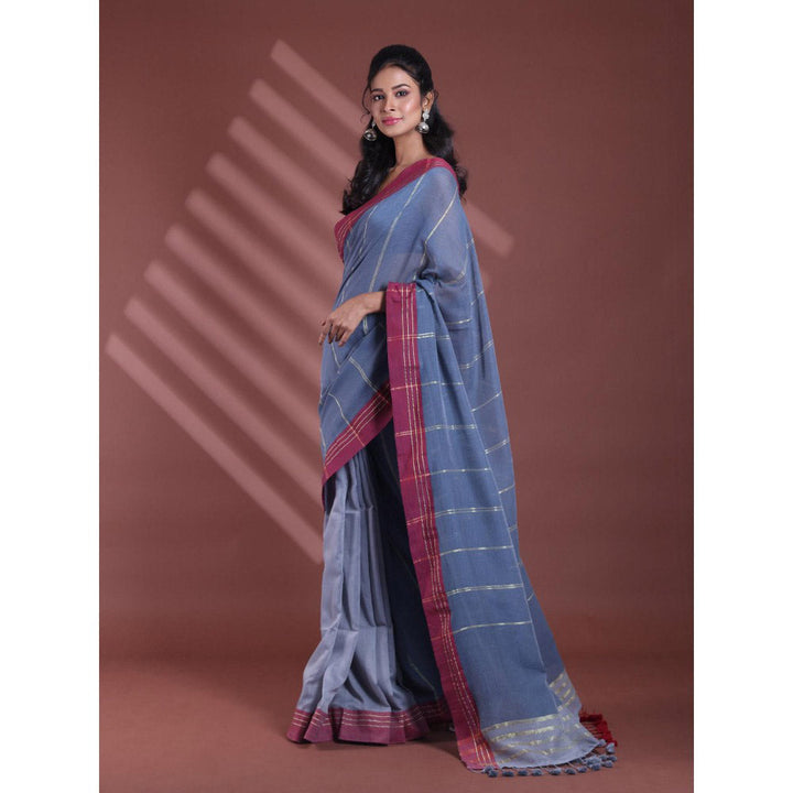 CHARUKRITI Grey Pure Cotton Handloom Soft Stripe Pattern Saree with Unstitched Blouse