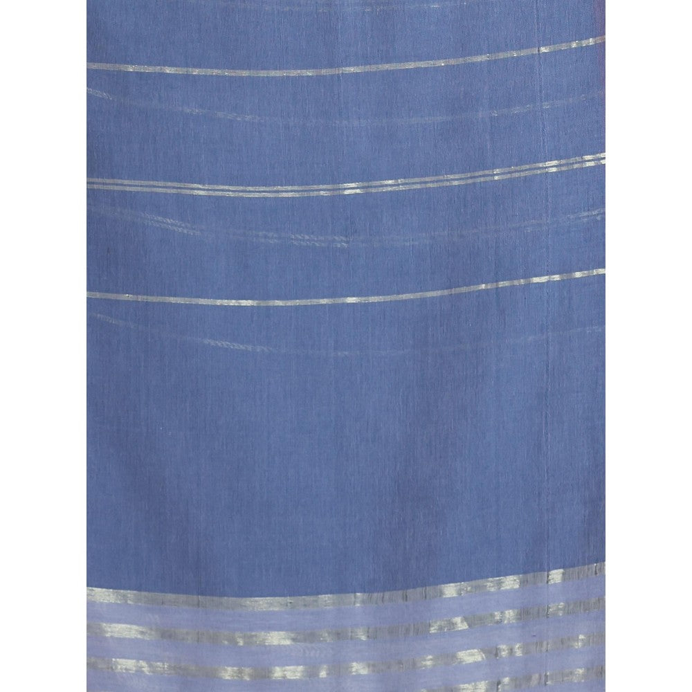 CHARUKRITI Grey Pure Cotton Handloom Soft Stripe Pattern Saree with Unstitched Blouse